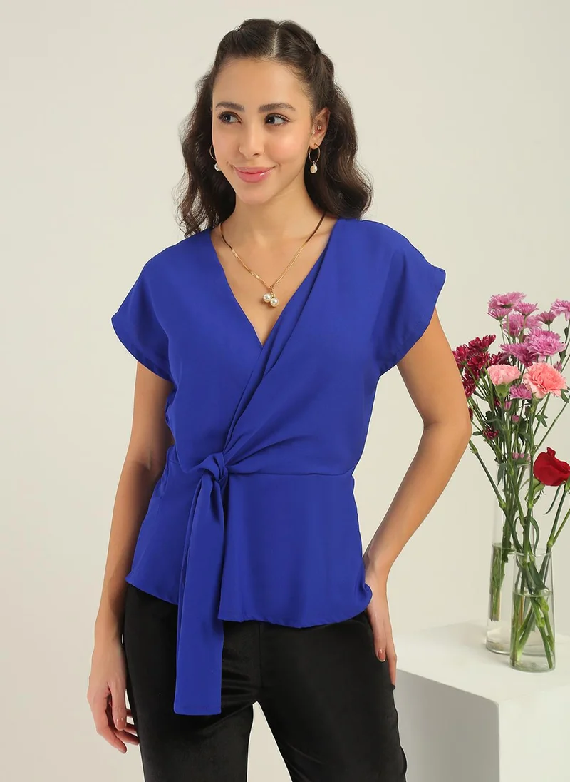 globus Globus Women Blue V-Neck Extended Sleeves Wrap Twisted Detail Workwear Top