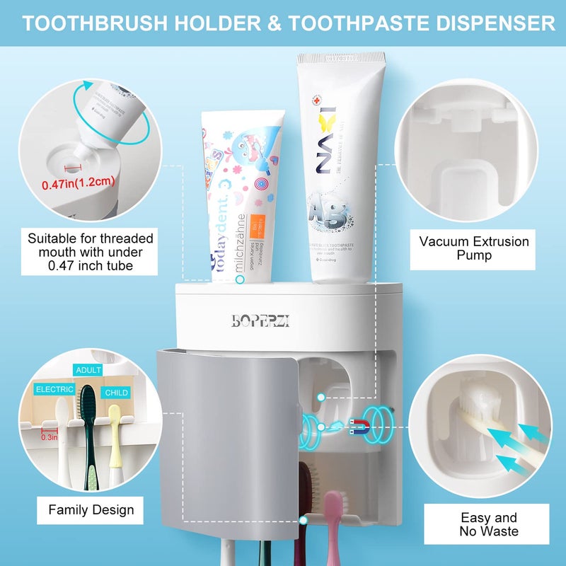 Boperzi Toothbrush Holder Wall Mounted Toothpaste Dispenser Gray Dustproof Cover for Shower Bathroom Set with 2 Toothpaste Squeezers (Not Electric) - Image 3
