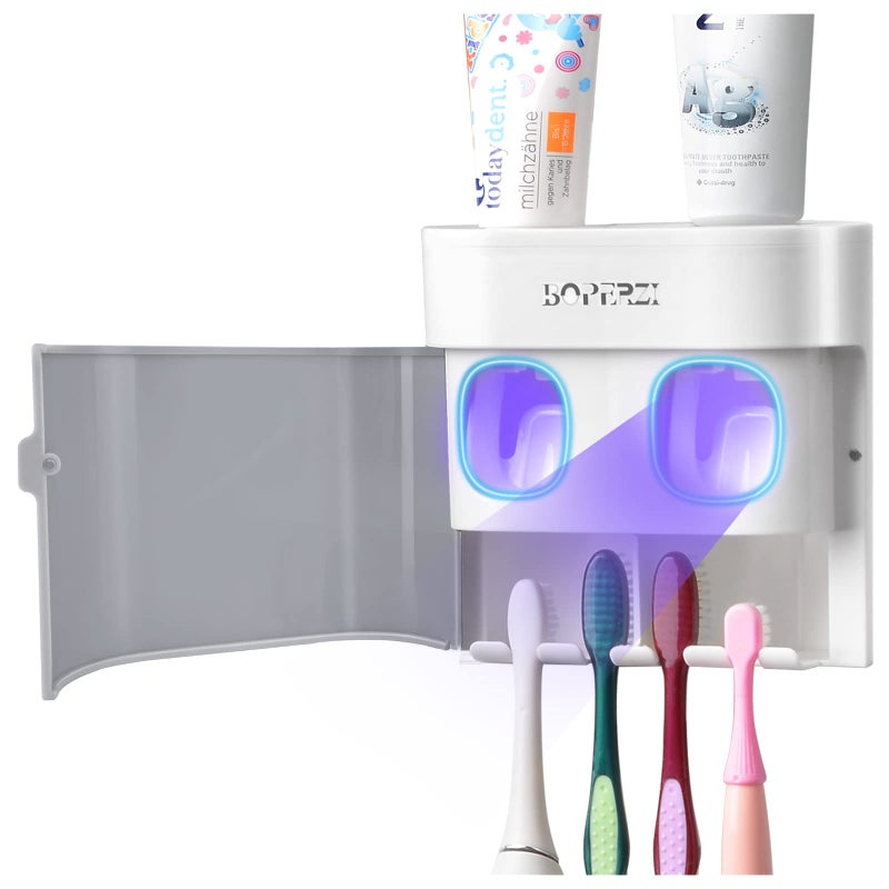 Boperzi Toothbrush Holder Wall Mounted Toothpaste Dispenser Gray Dustproof Cover for Shower Bathroom Set with 2 Toothpaste Squeezers (Not Electric) - Image 1