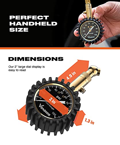 Vondior Tire Pressure Gauge (0-100 PSI) Certified ANSI Accurate with Large 2 Inch Easy to Read Glow Dial, Low - High Air Pressure Gauge. Tire Gauge for Car and Trucks Tires - Image 4