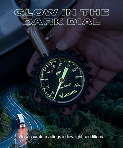 Vondior Tire Pressure Gauge (0-100 PSI) Certified ANSI Accurate with Large 2 Inch Easy to Read Glow Dial, Low - High Air Pressure Gauge. Tire Gauge for Car and Trucks Tires - Image 5