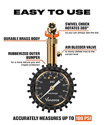 Vondior Tire Pressure Gauge (0-100 PSI) Certified ANSI Accurate with Large 2 Inch Easy to Read Glow Dial, Low - High Air Pressure Gauge. Tire Gauge for Car and Trucks Tires - Image 2