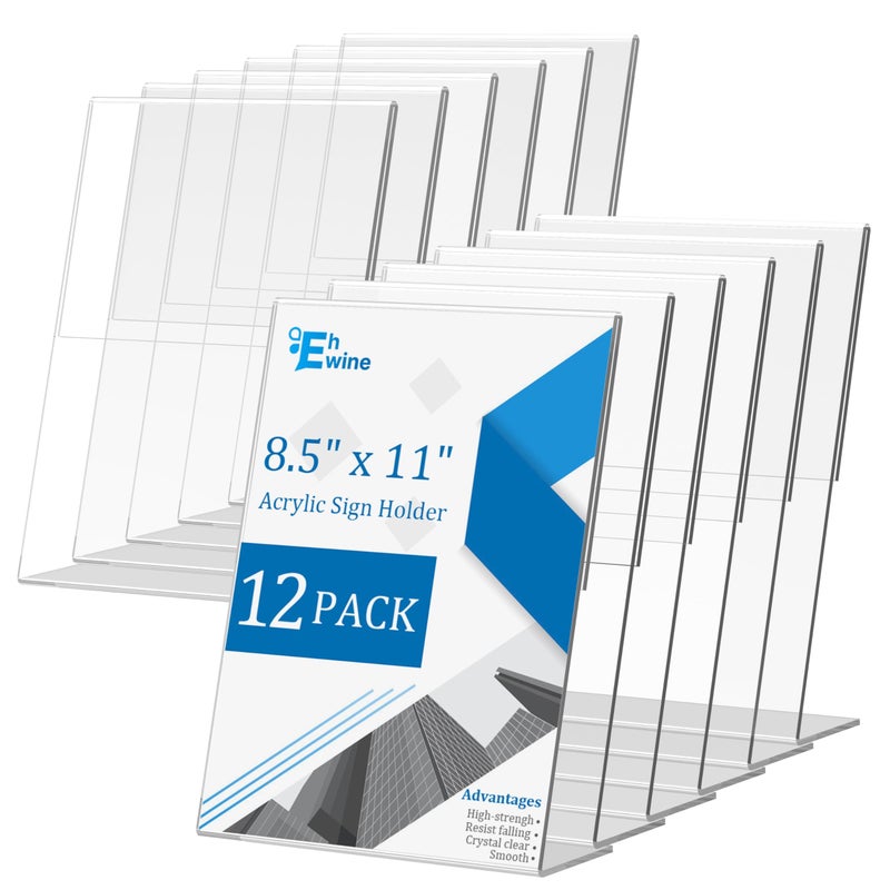 EHWINE 12 Pack Acrylic Sign Holder 85 x 11 L Shape Clear Plastic Display Stand Slanted Back Picture Frame Menu Flyer Paper Display Stand up Table Top Sign Holders for Restaurant Office and School