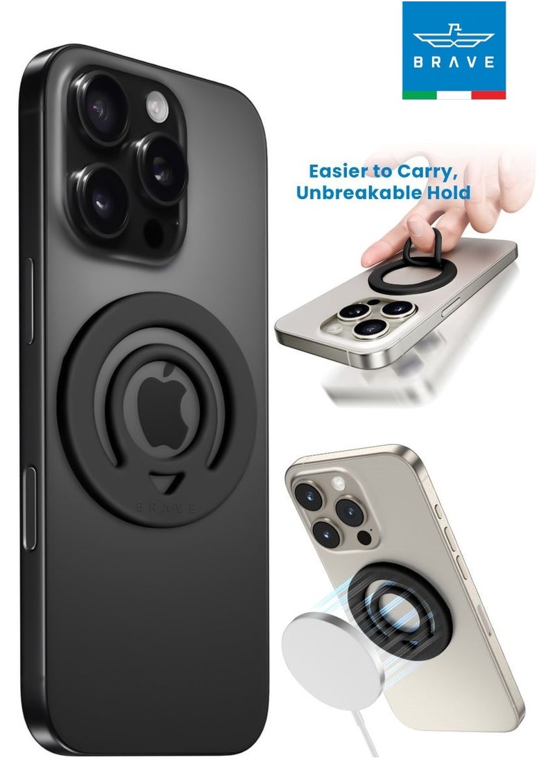 Brave - Dual-Sided Magnetic Ring Holder - Durable MagSafe Silicone Phone Grip, Compatible with Wireless Charging - Magnetic Phone Ring for iPhone 16/15/14/13/12 (Pro/Max/Plus), Samsung Galaxy S25/S24/S23/S22 and Other Series, and Other Phones with Metal Plate Attachment - Secure Grip and Hands-Free Stand (Black) - Image 1