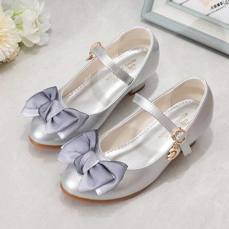Womens Shoes 2025 New Fashion High Heel Childrens Princess Shoes All-match Bow Doudou Shoes Little Girls Leather Shoes Silver