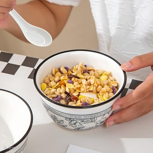 ONICORN 6-Piece Ceramic Serving Bowl Set with 12 Chopsticks, Multipurpose Porcelain Bowls for Rice, Dal, Fruits, & More, Elegant Kitchen Decor Gift Box (Black & White Floral Design, Pack of 6) - Image 3