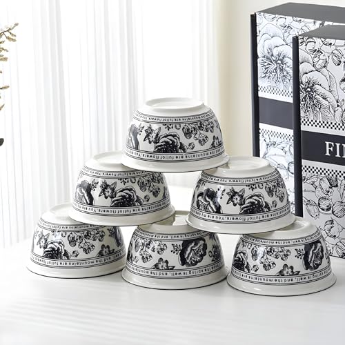 ONICORN 6-Piece Ceramic Serving Bowl Set with 12 Chopsticks, Multipurpose Porcelain Bowls for Rice, Dal, Fruits, & More, Elegant Kitchen Decor Gift Box (Black & White Floral Design, Pack of 6) - Image 1