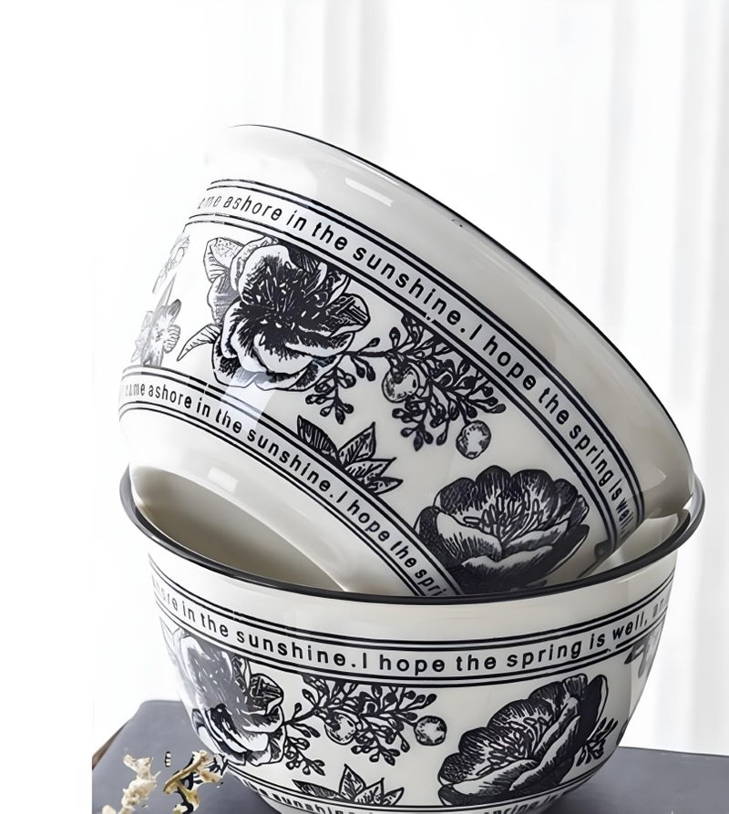 ONICORN 6-Piece Ceramic Serving Bowl Set with 12 Chopsticks, Multipurpose Porcelain Bowls for Rice, Dal, Fruits, & More, Elegant Kitchen Decor Gift Box (Black & White Floral Design, Pack of 6) - Image 2