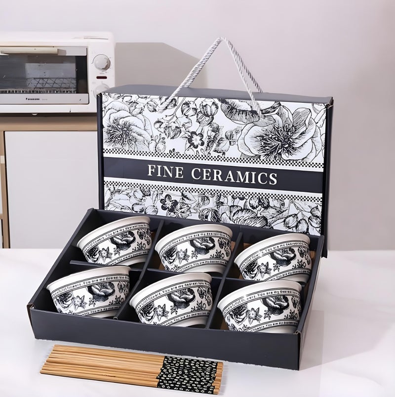 ONICORN 6-Piece Ceramic Serving Bowl Set with 12 Chopsticks, Multipurpose Porcelain Bowls for Rice, Dal, Fruits, & More, Elegant Kitchen Decor Gift Box (Black & White Floral Design, Pack of 6) - Image 4