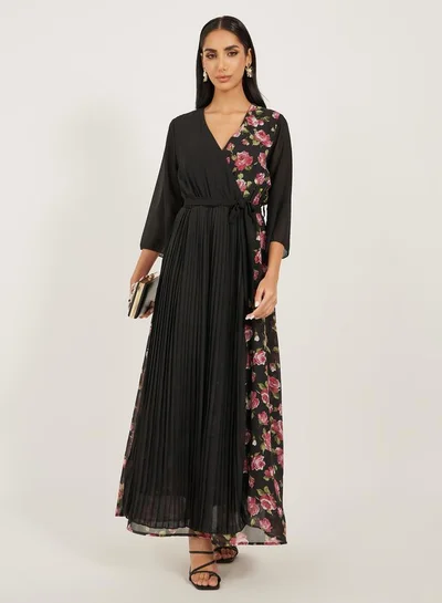 Styli Styli Floral Print 3/4th Sleeves Pleated A-Line Maxi Dress
