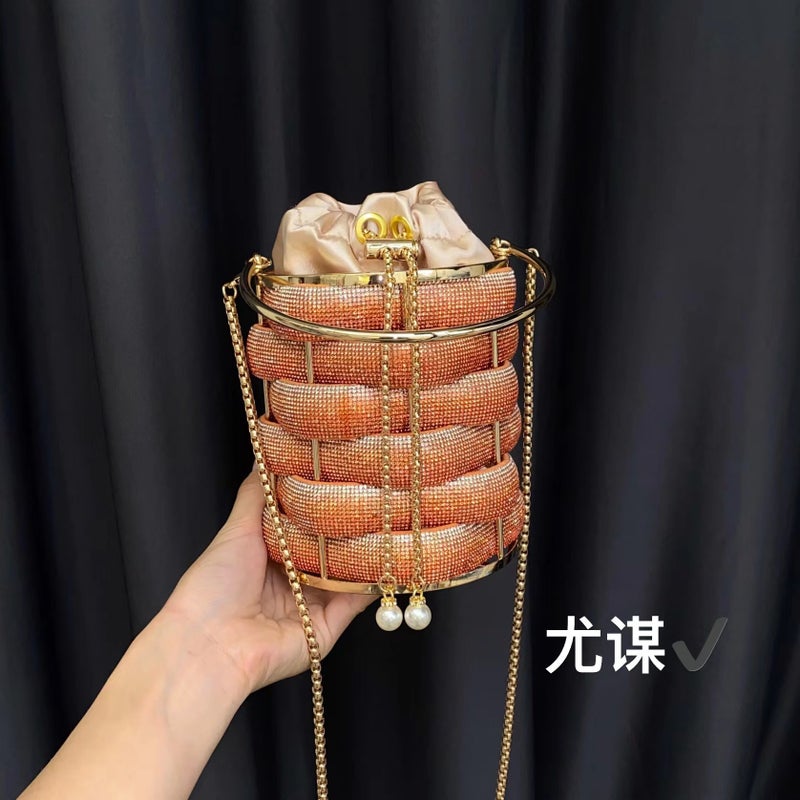 Fashion Metal Handmade Woven Shiny Water Diamond Rope Vegetable Basket Birdcage Banquet Bucket Hand Crossbody Small Bag - Image 1