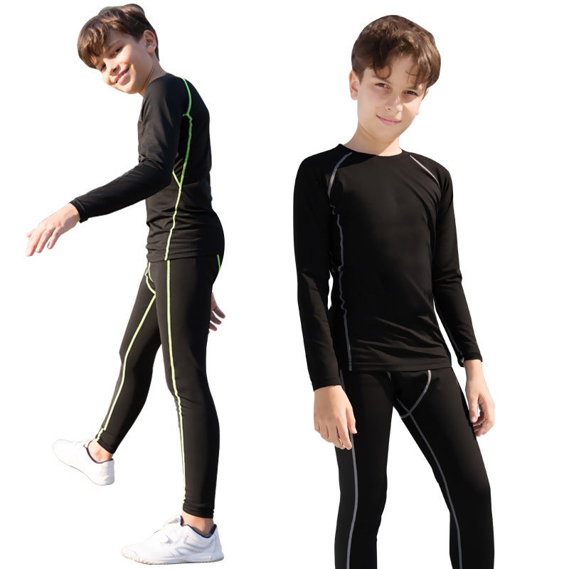 Generic Autumn and winter fleece-lined warm childrens tights training clothing sports suit football basketball base quick-drying clothing fitness clothing Black Gray Line Long Sleeve Trousers suit