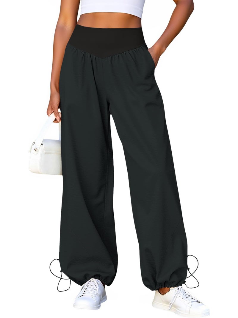 Fisoew Womens Wide Leg Pants Casual High Waist Baggy Track Pants Loose Fit Drawstring Cuffs Lounge Pant with Pockets Black - Image 1
