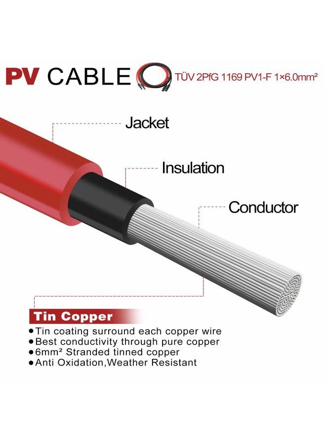 BeideLt Solar Panel Extension Cable,10AWG(6mm²) Solar Extension Cable Wire with 1 Pair 10 Feet Black + 10 Feet Red Weatherproof Tinned Copper Extension Cable Wire Adapter Kit - Image 2