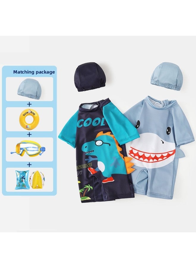 Children's Swimwear Boys' Hooded Swimming Suit Kids Boys Swimming Trunks Big Kids Professional Hot Spring Swimwear-Color:Glasses Dinosaur One-Piece Swimsuit Hat Arm Circle- - Image 2