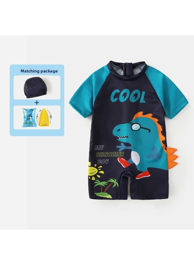 Children's Swimwear Boys' Hooded Swimming Suit Kids Boys Swimming Trunks Big Kids Professional Hot Spring Swimwear-Color:Glasses Dinosaur One-Piece Swimsuit Hat Arm Circle- - Image 1