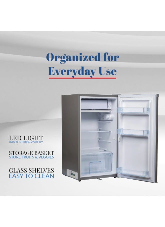 STAR TRACK 110L Gross / 87L Net capacity, Lock and Key, Led Light, Glass Shelf, Fridge Basket, Adjustable Thermostat, Adjustable Feet, R600a, Manual Defrost, Hinged Single Door, Dark Grey, ST-FRG-110L