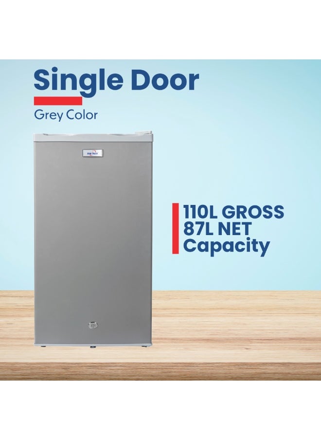 STAR TRACK 110L Gross / 87L Net capacity, Lock and Key, Led Light, Glass Shelf, Fridge Basket, Adjustable Thermostat, Adjustable Feet, R600a, Manual Defrost, Hinged Single Door, Dark Grey, ST-FRG-110L