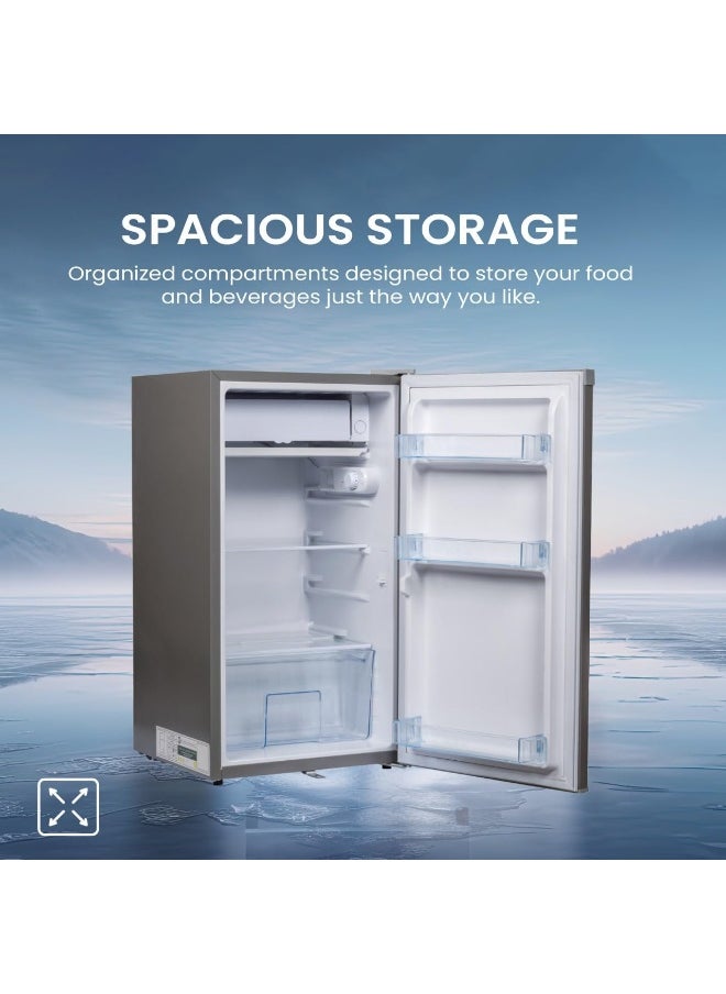 STAR TRACK 110L Gross / 87L Net capacity, Lock and Key, Led Light, Glass Shelf, Fridge Basket, Adjustable Thermostat, Adjustable Feet, R600a, Manual Defrost, Hinged Single Door, Dark Grey, ST-FRG-110L