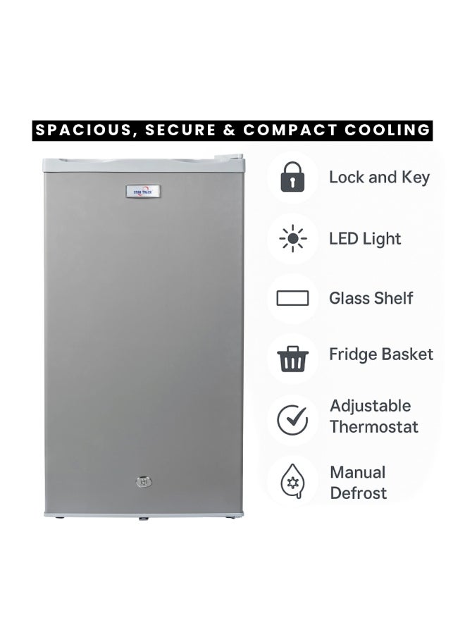 STAR TRACK 110L Gross / 87L Net capacity, Lock and Key, Led Light, Glass Shelf, Fridge Basket, Adjustable Thermostat, Adjustable Feet, R600a, Manual Defrost, Hinged Single Door, Dark Grey, ST-FRG-110L