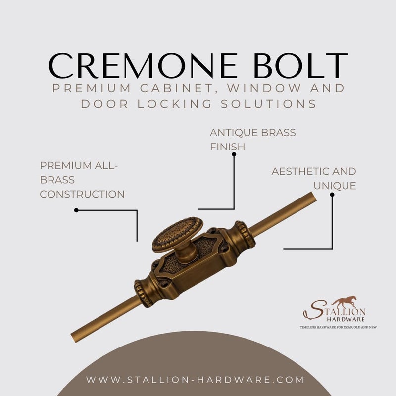 STALLION HARDWARE Antique Brass Cremone Bolt Set - Solid Brass Cabinet Hardware with 2' Rods & Handle, Perfect for Cabinets & Restoration Projects, Easy One-Side Operation for Timeless Charm - Image 4