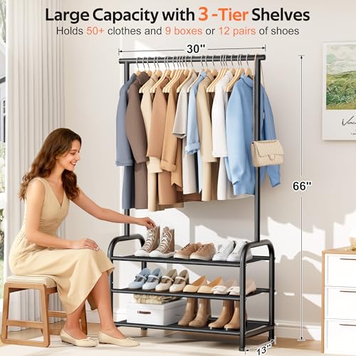 MISSLO Sturdy Clothing Racks for Hanging Clothes with 3 Shelves Garment Rack Heavy Duty Clothes Rack with Shoe Storage for Coats, Garment, Dress, Black - Image 2