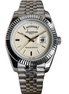 Chairman GENEVE Men's Silver Stainless Steel Wrist Watch, Day/Date with Beige Dial 