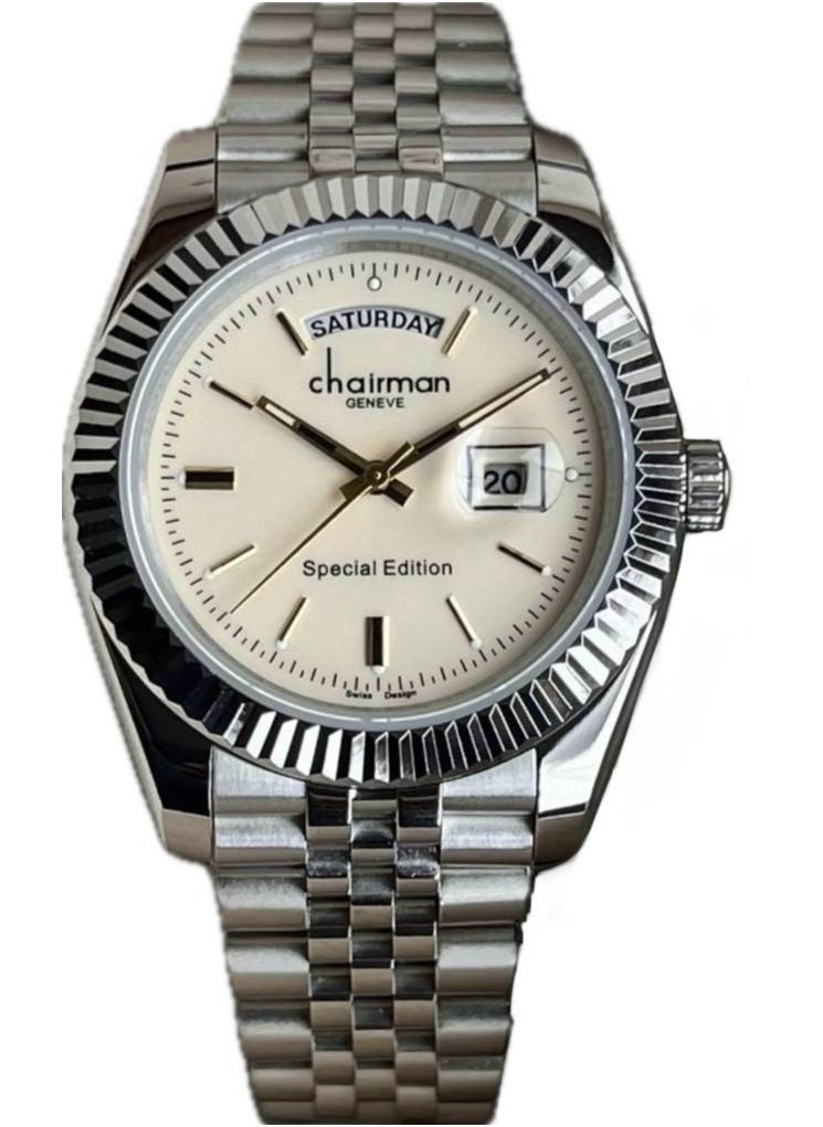Chairman GENEVE Men's Silver Stainless Steel Wrist Watch, Day/Date with Beige Dial 