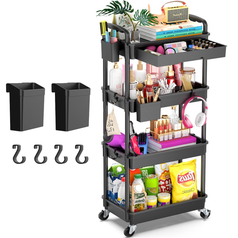 Goovilla 4 Tier Rolling Utility Cart Organizer with Removable Drawer, Stable and Sturdy Black Rolling Storage Carts with 2 Lockable Wheels for Bathroom, Kitchen, Snack, Craft, Makeup, Baby Essentials - Image 1