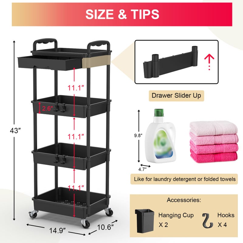 Goovilla 4 Tier Rolling Utility Cart Organizer with Removable Drawer, Stable and Sturdy Black Rolling Storage Carts with 2 Lockable Wheels for Bathroom, Kitchen, Snack, Craft, Makeup, Baby Essentials - Image 4