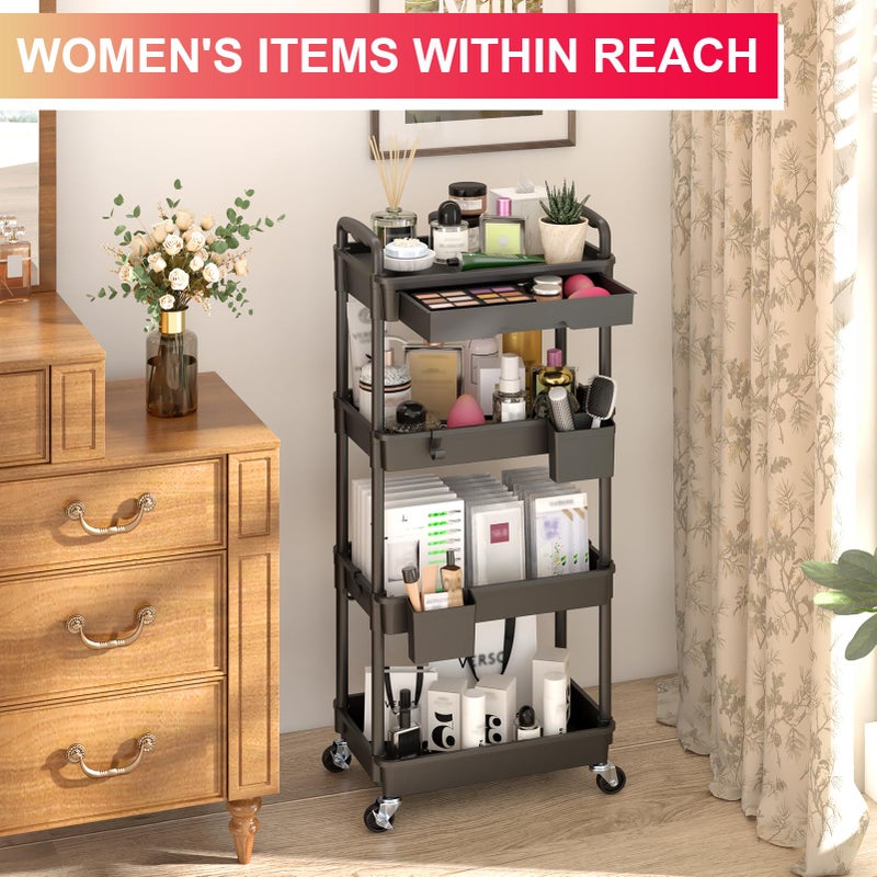 Goovilla 4 Tier Rolling Utility Cart Organizer with Removable Drawer, Stable and Sturdy Black Rolling Storage Carts with 2 Lockable Wheels for Bathroom, Kitchen, Snack, Craft, Makeup, Baby Essentials - Image 5