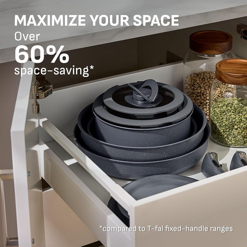 T-fal Tefal Ingenio Essentials Non Stick Cookware Set 11 Piece, Induction, Oven Broiler Safe, Stackable Cookware, Pots and Pans, RV, Camping, Fry Pans, Detachable Handle, Gray Granite - Image 3
