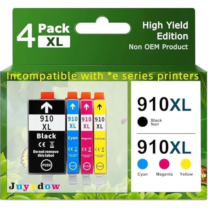 خراطيش حبر 910XL متوافقة مع طابعات HP OFFICEJET PRO 8025 8020 8028 8035 و OFFICEJET 8015 8010 8018 8022، عبوة 4 عالية الإنتاجية (أسود، أزرق، وردي، أصفر) - Image 2