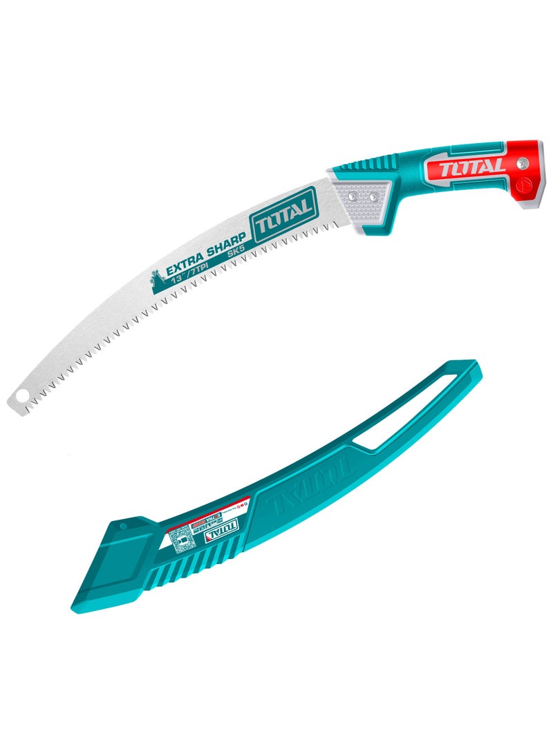 توتال منشار تقليم فائق الحدة من توتال، مزود بنصل بطول 330 مم / 13 بوصة، مصنوع من فولاذ عالي الكربون SK5، بعدد 7 أسنان لكل بوصة (TPI)، مع أسنان ثلاثية الحواف معالجة حرارياً، يأتي مع غلاف واقٍ من مادة PP - Image 1