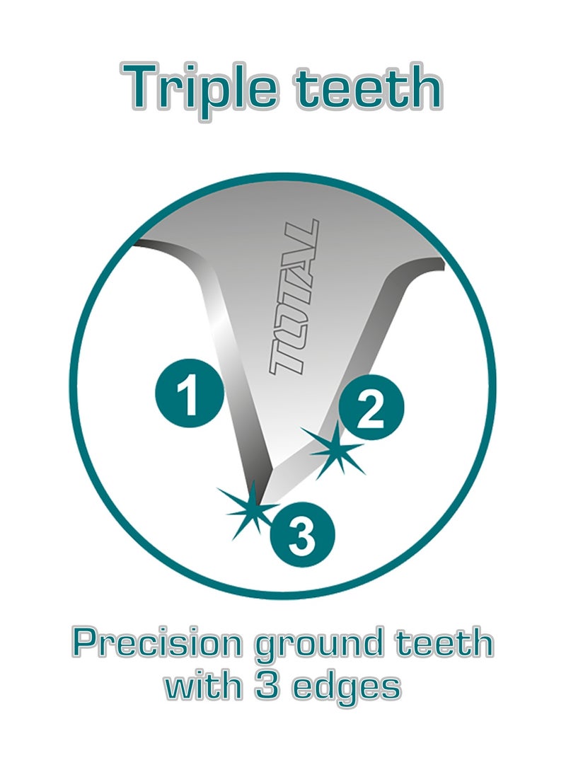 توتال منشار تقليم فائق الحدة من توتال، مزود بنصل بطول 330 مم / 13 بوصة، مصنوع من فولاذ عالي الكربون SK5، بعدد 7 أسنان لكل بوصة (TPI)، مع أسنان ثلاثية الحواف معالجة حرارياً، يأتي مع غلاف واقٍ من مادة PP - Image 4