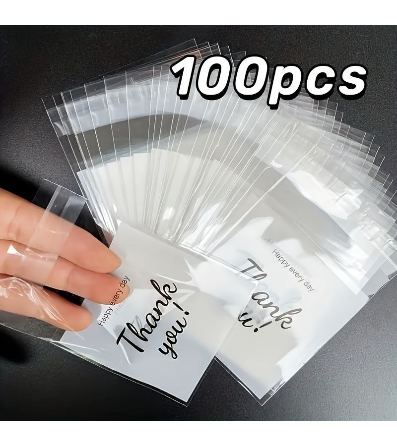 100 Pcs Plastic Gift Bags Self Sealing Transparent Thank You Design - Image 1