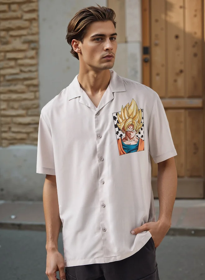 Goku Print Relaxed Fit Shirt with Camp Collar and Short Sleeves