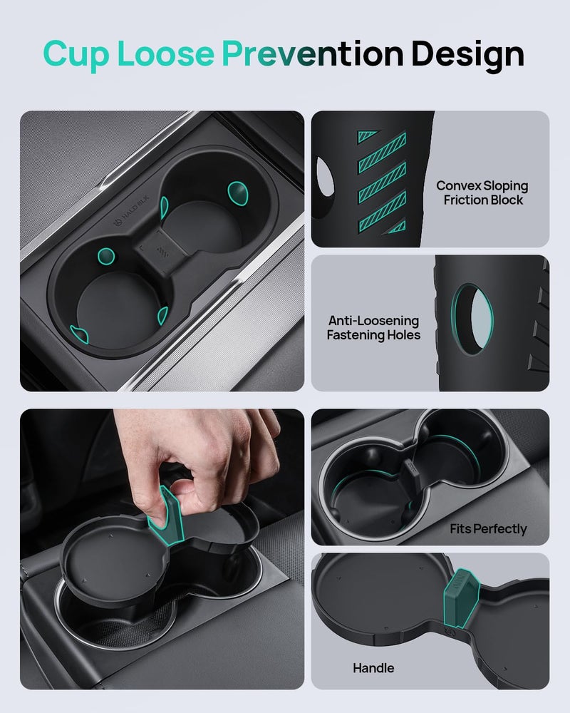 HALOBLK Center Console Cup Holder Insert with Rear Seat Cup Coaster Designed for 2024-2025 Refresh Model 3 Highland (Black) - Image 2