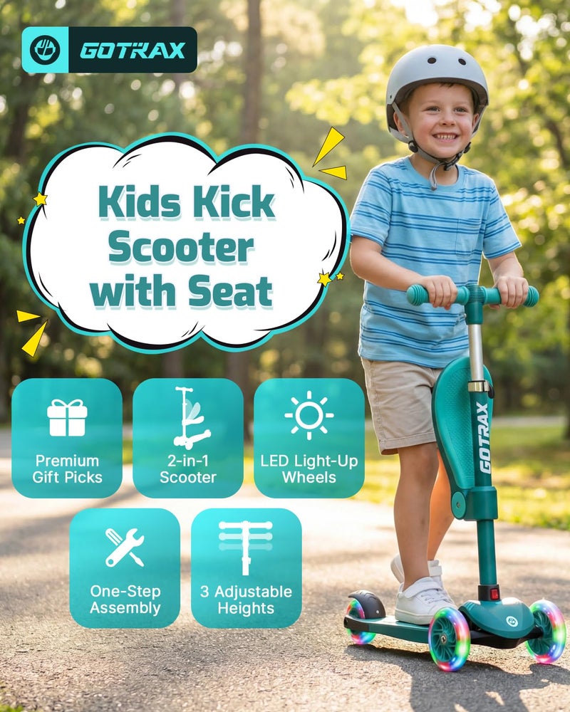 Gotrax KS3 Kids Kick Scooter, LED Lighted Wheels, Adjustable Height Handlebars and Removable Seat, Lean-to-Steer & Widen Anti-Slip Deck, 3 Wheel Scooter for Kids Ages 2-8 and up to 100 Lbs (Green) - Image 2