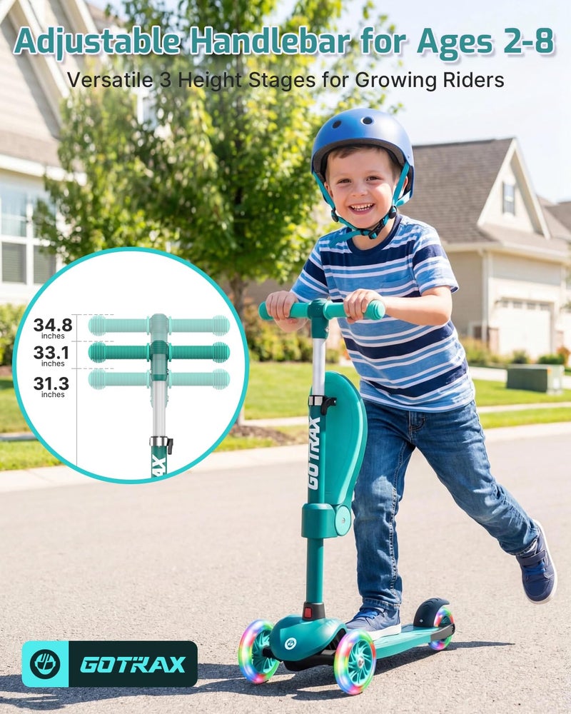 Gotrax KS3 Kids Kick Scooter, LED Lighted Wheels, Adjustable Height Handlebars and Removable Seat, Lean-to-Steer & Widen Anti-Slip Deck, 3 Wheel Scooter for Kids Ages 2-8 and up to 100 Lbs (Green) - Image 4