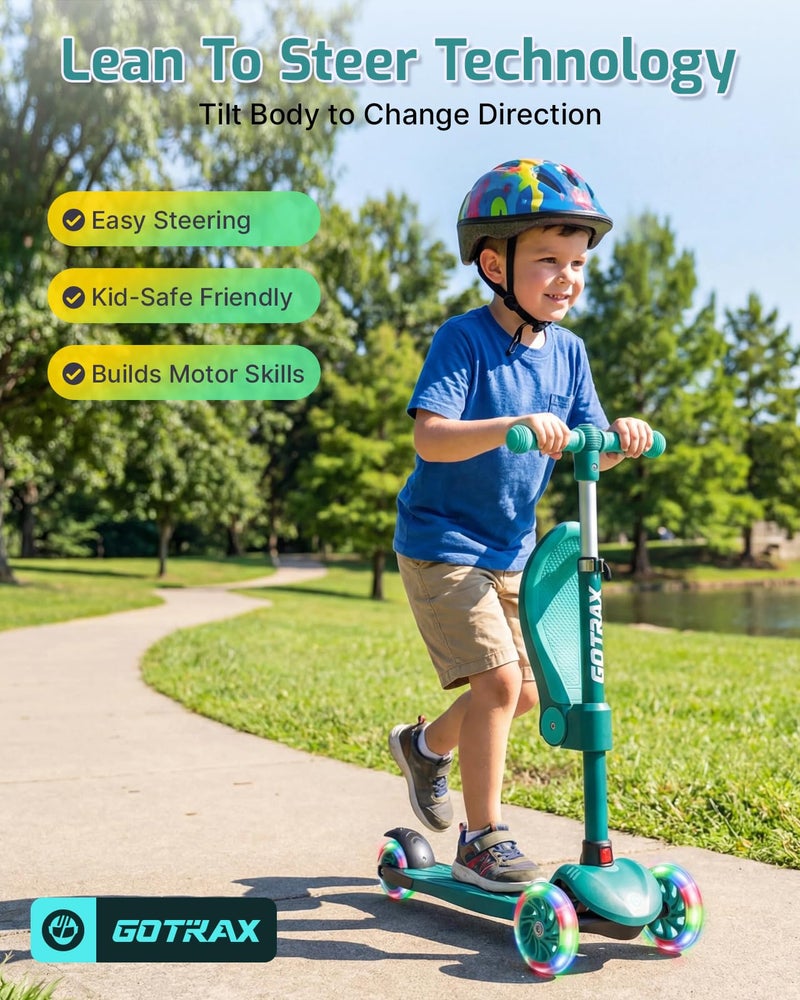 Gotrax KS3 Kids Kick Scooter, LED Lighted Wheels, Adjustable Height Handlebars and Removable Seat, Lean-to-Steer & Widen Anti-Slip Deck, 3 Wheel Scooter for Kids Ages 2-8 and up to 100 Lbs (Green) - Image 3