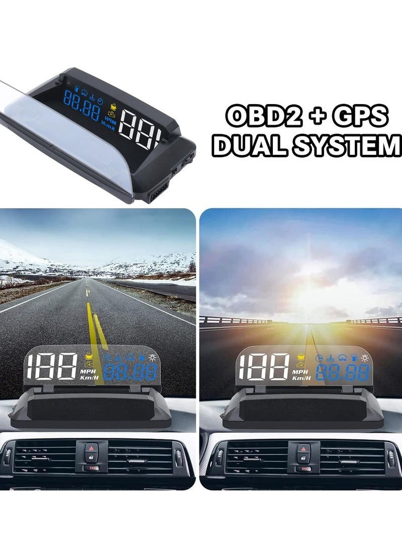 Excefore - Car Head Up Display, OBD2 + GPS Dual System, Digital Speedometer KMH MPH, Mirror Speed Projector, OverSpeed Alarm, Fatigue Driving Warning - Image 1