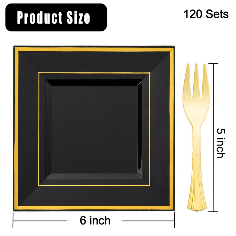 WDF أطباق حلوى بلاستيكية سوداء وذهبية 200 قطعة مع شوك بلاستيكية - 6 أطباق صغيرة للتقديم القابلة للتصرف أطباق كعك مع حافة ذهبية للاحتفال بالسنة الجديدة/التخرج - Image 1