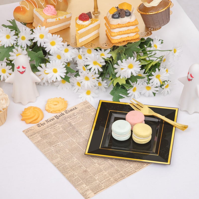 WDF أطباق حلوى بلاستيكية سوداء وذهبية 200 قطعة مع شوك بلاستيكية - 6 أطباق صغيرة للتقديم القابلة للتصرف أطباق كعك مع حافة ذهبية للاحتفال بالسنة الجديدة/التخرج - Image 2