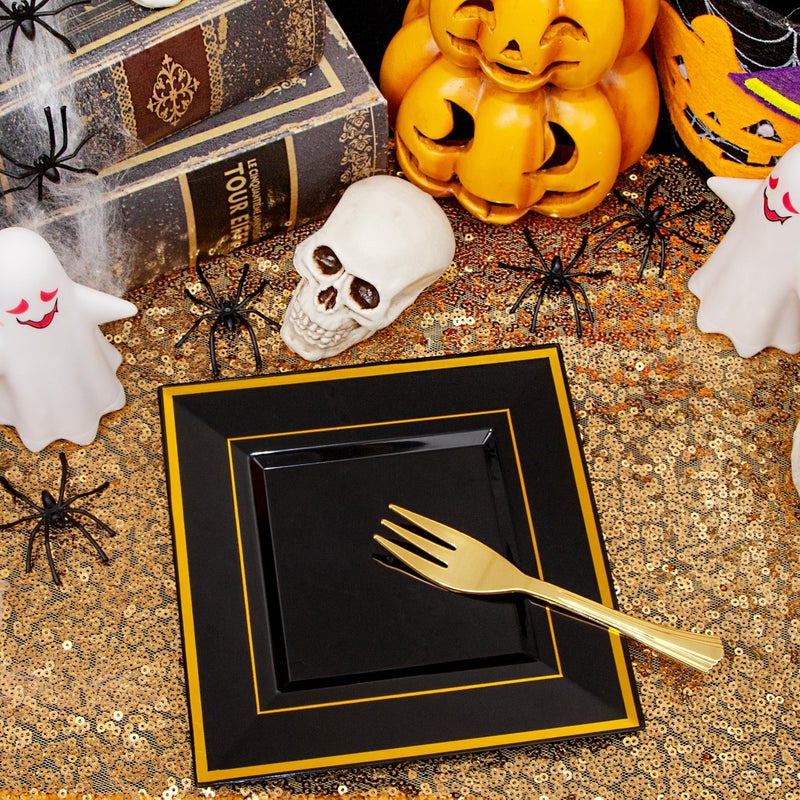 WDF أطباق حلوى بلاستيكية سوداء وذهبية 200 قطعة مع شوك بلاستيكية - 6 أطباق صغيرة للتقديم القابلة للتصرف أطباق كعك مع حافة ذهبية للاحتفال بالسنة الجديدة/التخرج - Image 3