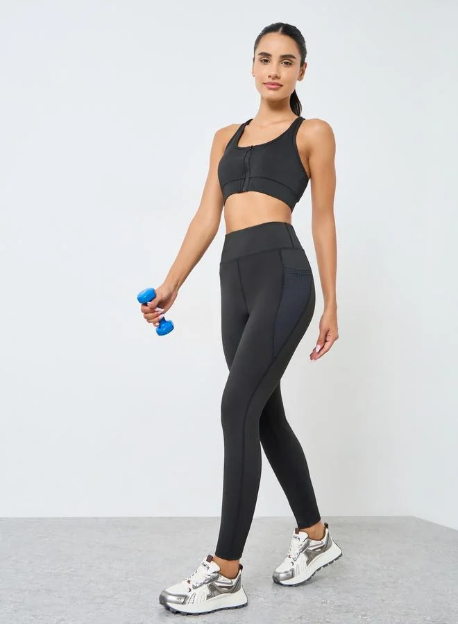 Styli Active Women Black Solid Leggings with Mesh Pocket
