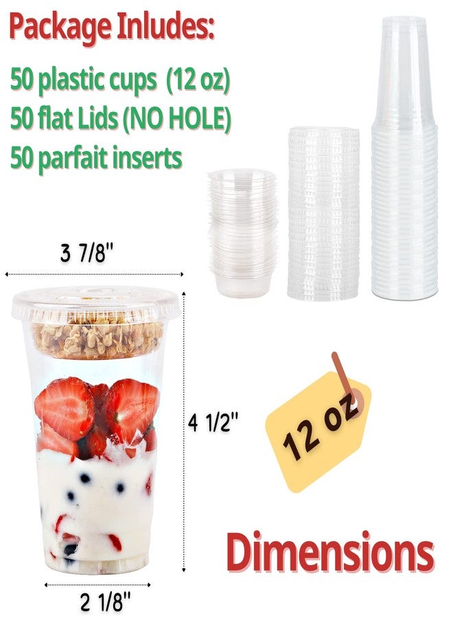 Aatriet 12 oz Clear Plastic Parfait Cups with Insert 3.25oz & Flat Lids No Hole - (50 Sets) Yogurt Fruit Parfait Cups for Kids, for Dips and Veggies, Take Away Breakfast and Snacks. No Leaking - Image 5