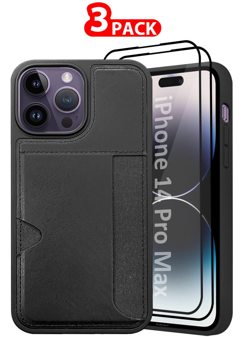 CATANES iPhone 14 Pro Max 3Packs Case Leather Antifingerprint Cover with Wallet Card Slot Shell, Side Insert Card Holder, Anti Fall Protection - Black  - Image 1