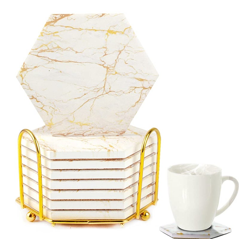 Geila Marble Coasters for Drinks  8pcs Absorbent Set with Metal Holder Gold Cup Coasters for Coffee Table Rustic Home Decor for Living Room Bar  Housewarming Gifts
