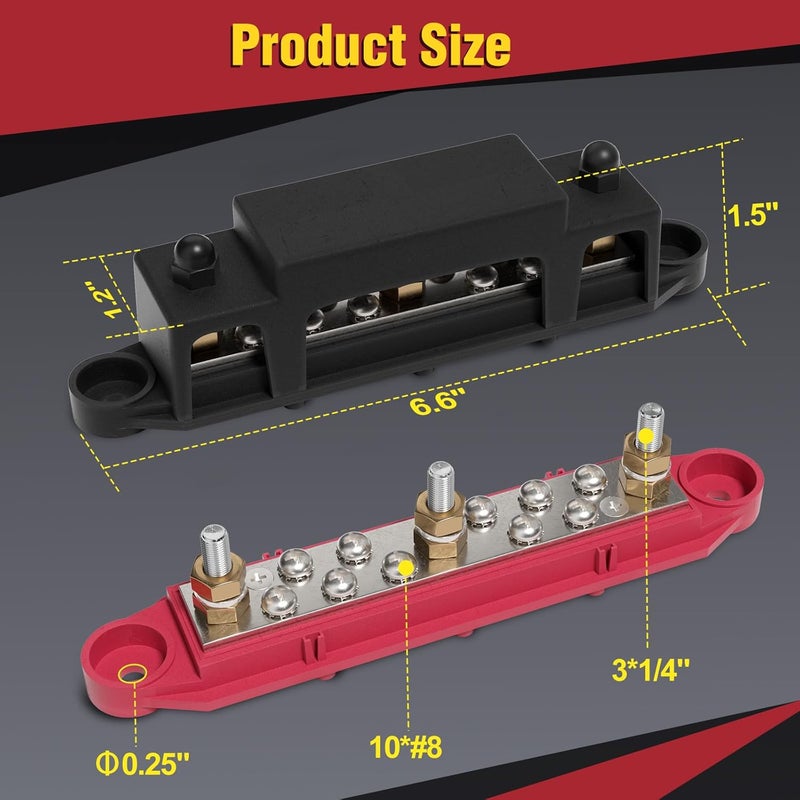 MOFEEZ Bus Bar 3 x 1/4” Post 10 x #8 Screw Terminal Power Distribution Block for Car Boat Marine (Red & Black) - Image 2